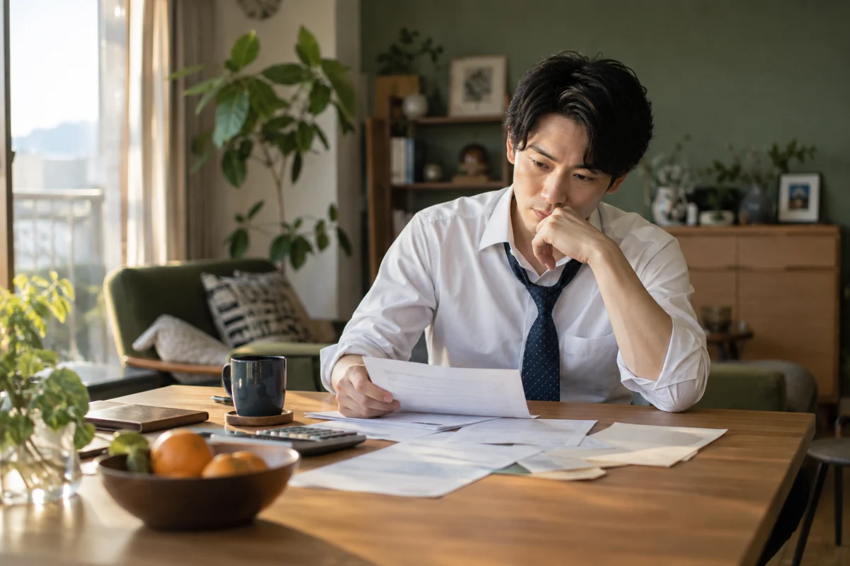 仕事から帰宅し、今後の生活と家計を考える会社員のイメージ